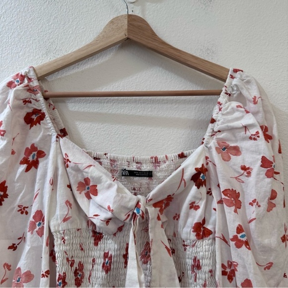Zara Floral Print Linen Blend Square Neck Puff Sleeve Cropped Blouse‎ Size S - Picture 5 of 10